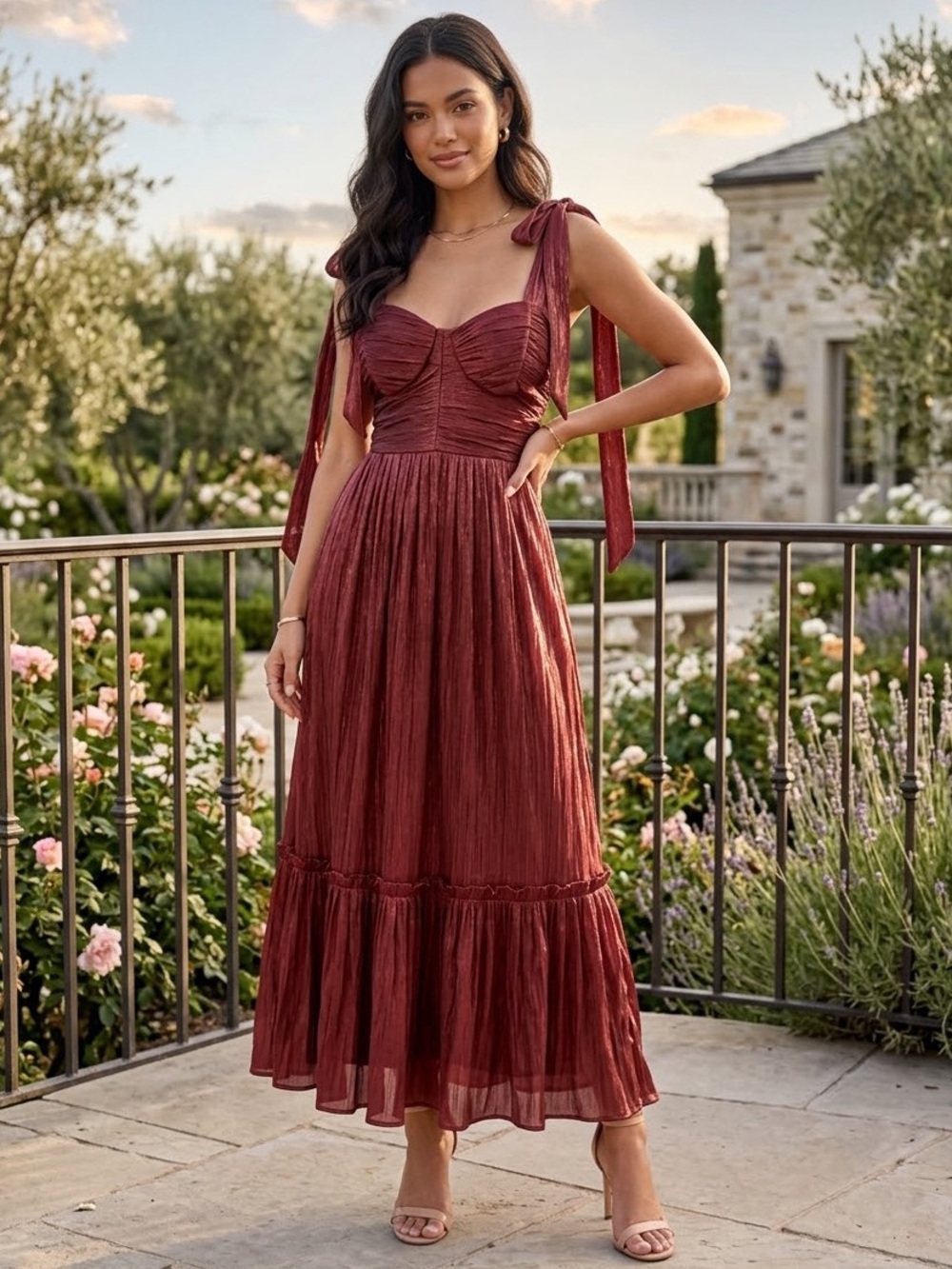 Blu Pepper Burgundy Metallic Tie Shoulder
Ruched Smocked Midi Dress Womens M